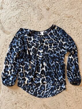 Cache Blue Black and White Leopard Print Long Sleeve Blouse
